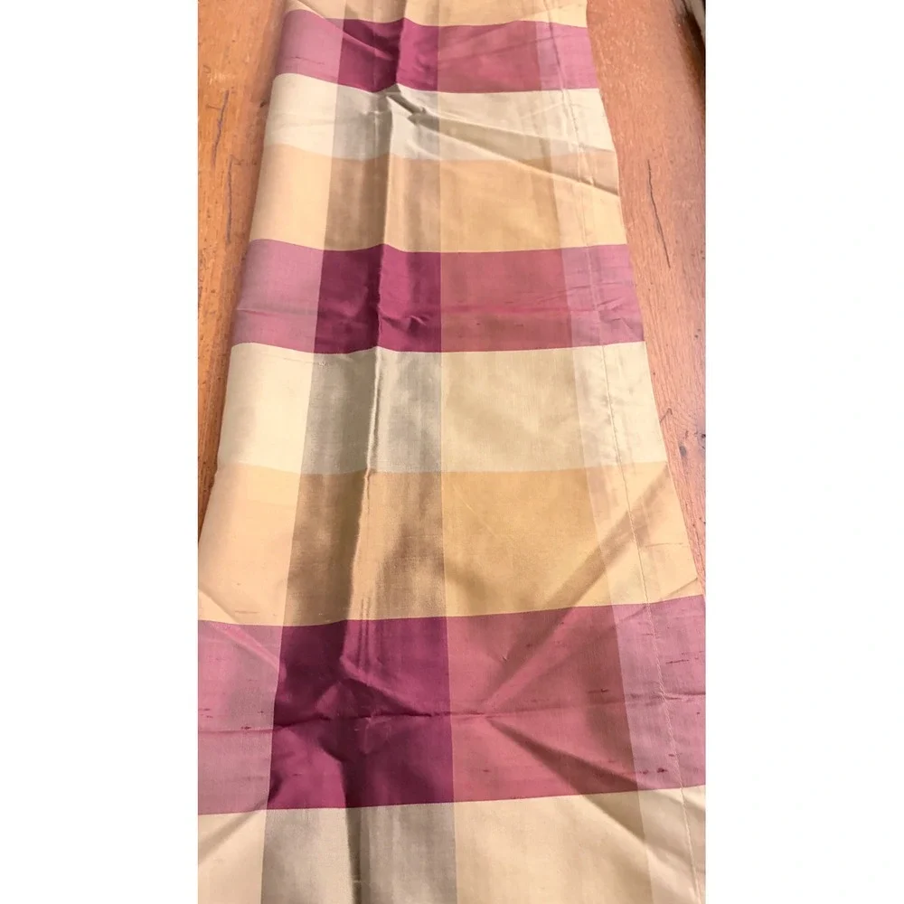Pair Silk Plaid Drapery Panels Bronze Maroon Gold Cotton Lined 42x82